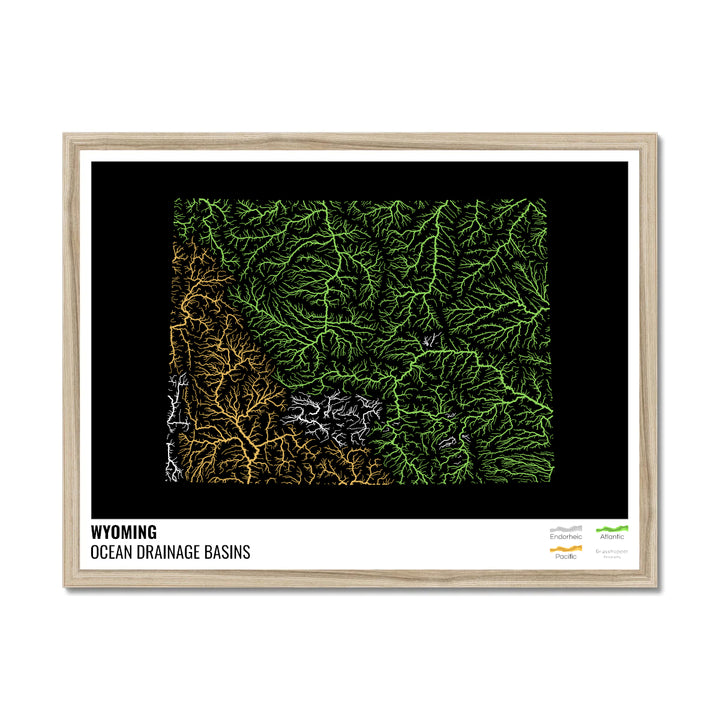 Wyoming - Ocean drainage basin map, black with legend v1 - Framed Print