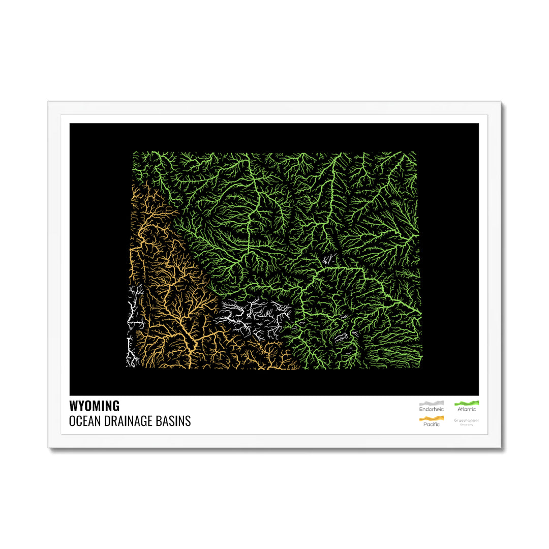 Wyoming - Carte du bassin versant océanique, noire avec légende v1 - Impression encadrée