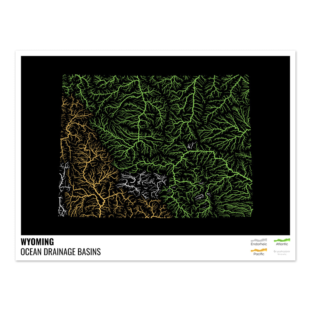 Wyoming - Ocean drainage basin map, black with legend v1 - Fine Art Print