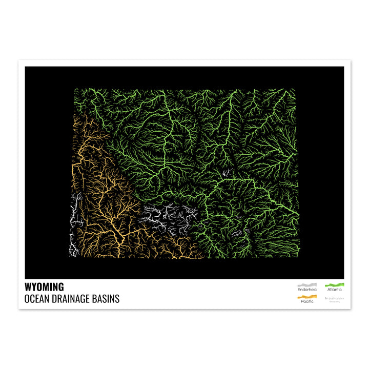 Wyoming - Mapa da bacia de drenagem oceânica, preto com legenda v1 - Impressão de arte fotográfica