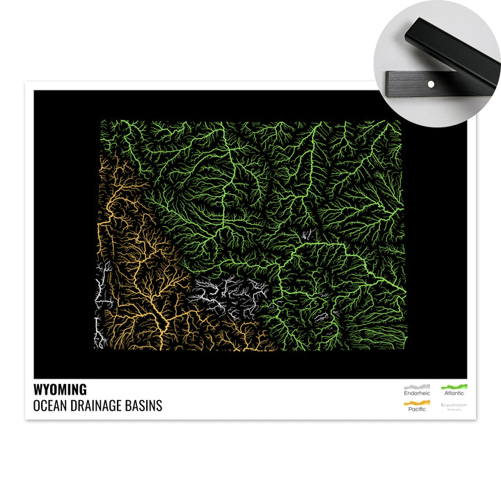 Wyoming - Carte du bassin versant océanique, noire avec légende v1 - Tirage d'art avec cintre