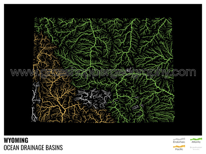 Wyoming - Mapa de la cuenca hidrográfica del océano, negro con leyenda v1 - Impresión fotográfica