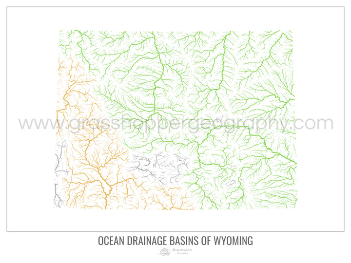 Wyoming - Mapa de la cuenca de drenaje del océano, blanco v1 - Impresión de bellas artes