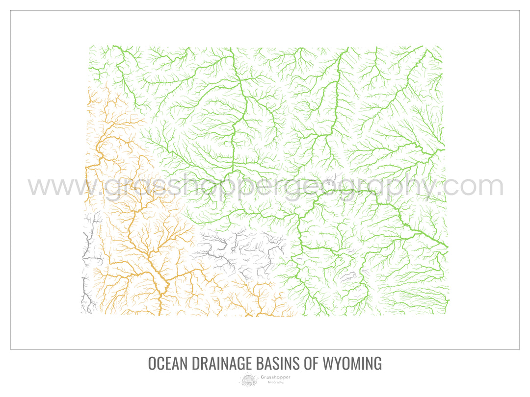 Wyoming - Mapa de la cuenca hidrográfica del océano, blanco v1 - Impresión fotográfica