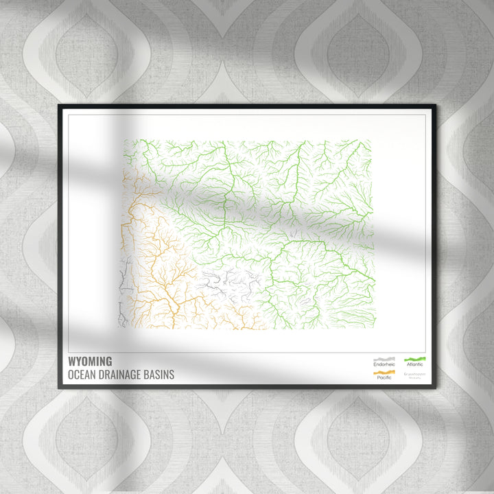 Wyoming - Mapa de la cuenca de drenaje oceánico, blanco con leyenda v1 - Impresión de bellas artes