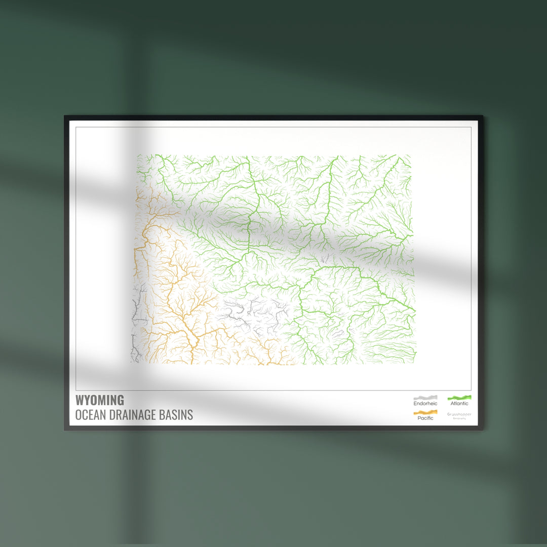 Wyoming - Mapa de la cuenca hidrográfica del océano, blanco con leyenda v1 - Impresión fotográfica