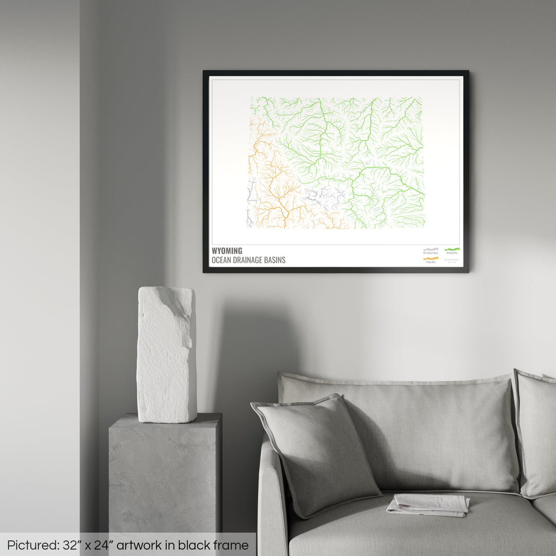 Wyoming - Ocean drainage basin map, white with legend v1 - Framed Print