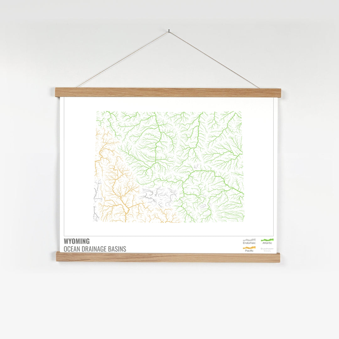 Wyoming - Carte du bassin versant océanique, blanche avec légende v1 - Tirage d'art avec cintre