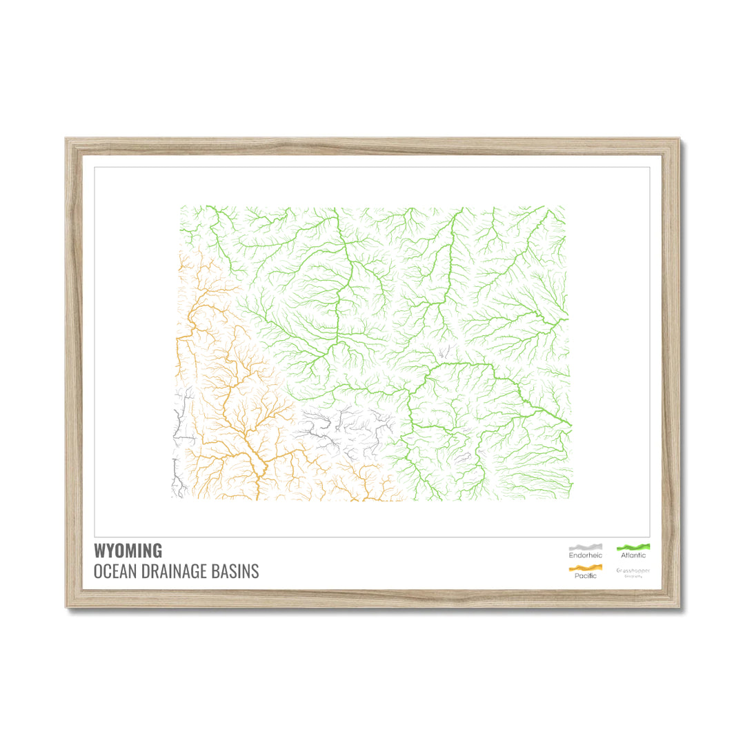 Wyoming - Ocean drainage basin map, white with legend v1 - Framed Print