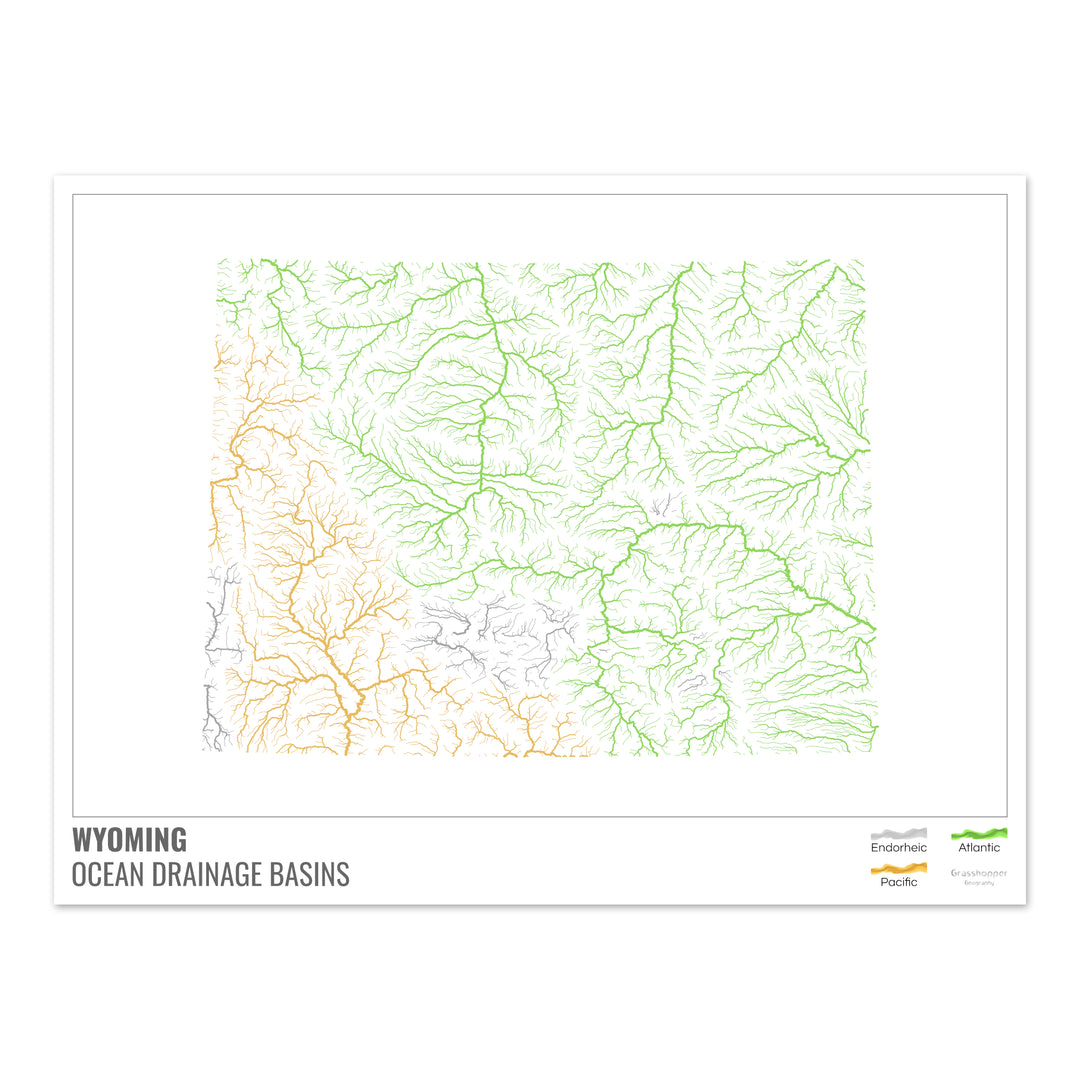 Wyoming - Mapa de la cuenca de drenaje oceánico, blanco con leyenda v1 - Impresión de bellas artes