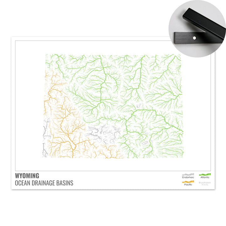 Wyoming - Mapa de la cuenca hidrográfica del océano, blanco con leyenda v1 - Impresión artística con colgador