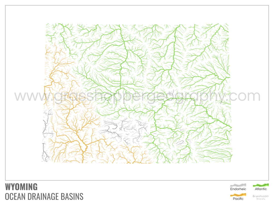 Wyoming - Mapa de la cuenca de drenaje oceánico, blanco con leyenda v1 - Impresión de bellas artes