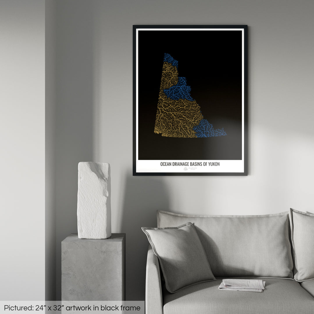 Yukon - Ocean drainage basin map, black v1 - Framed Print