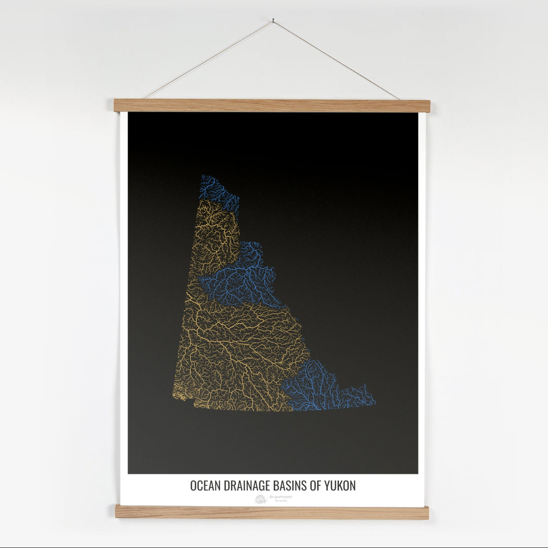 Yukon - Carte du bassin versant océanique, noir v1 - Tirage d'art avec cintre