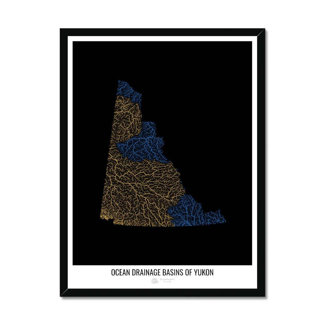 Yukon - Ocean drainage basin map, black v1 - Framed Print