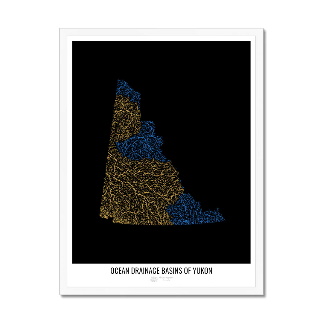 Yukon - Ocean drainage basin map, black v1 - Framed Print