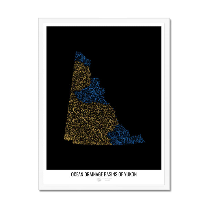 Yukon - Ocean drainage basin map, black v1 - Framed Print