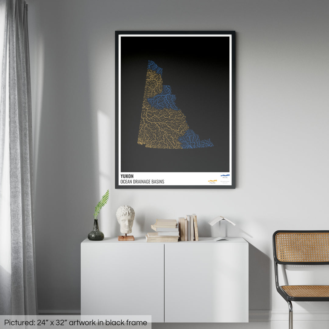 Yukon - Mapa de la cuenca de drenaje oceánico, negro con leyenda v1 - Lámina enmarcada