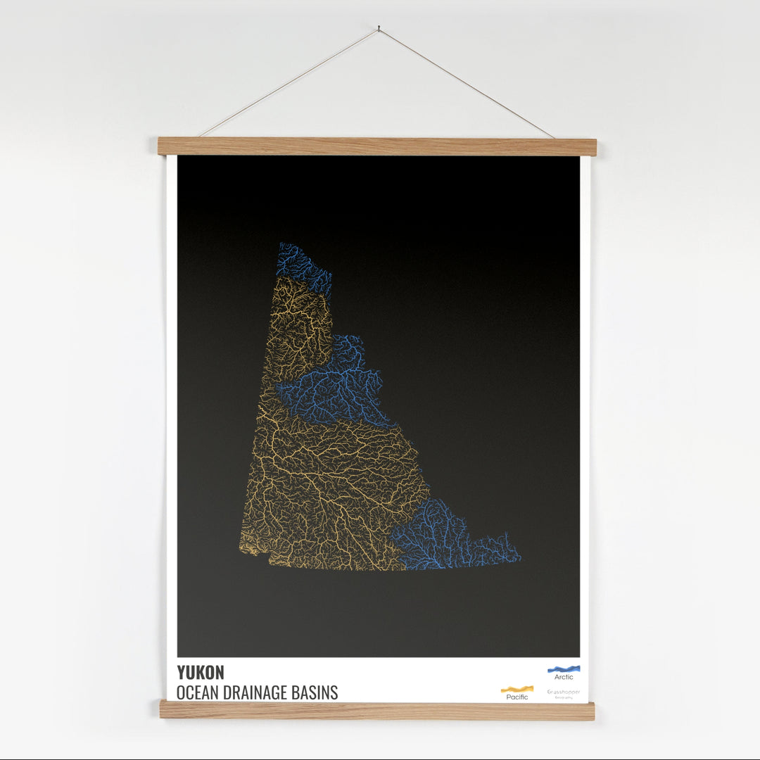 Yukon - Carte du bassin versant océanique, noire avec légende v1 - Tirage d'art avec cintre