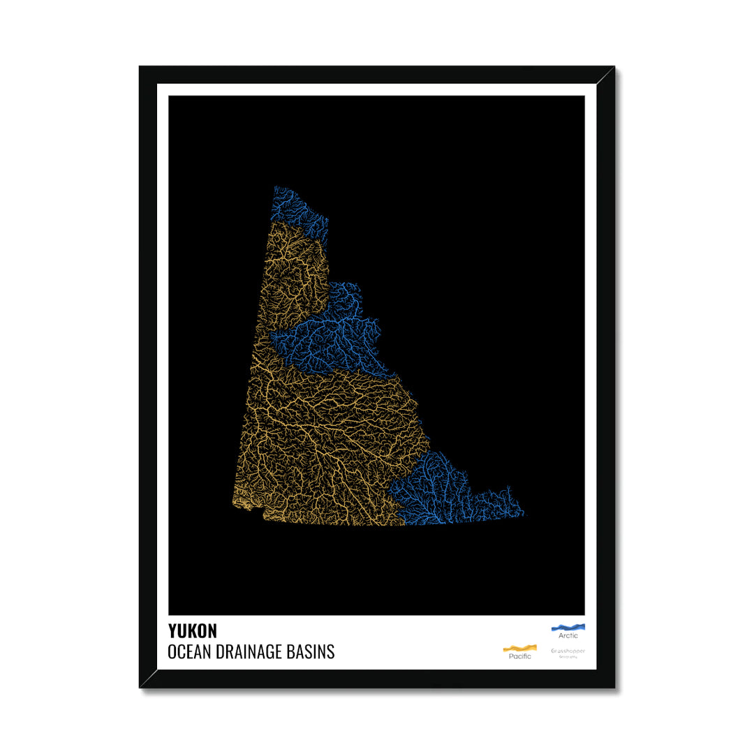 Yukon - Ocean drainage basin map, black with legend v1 - Framed Print
