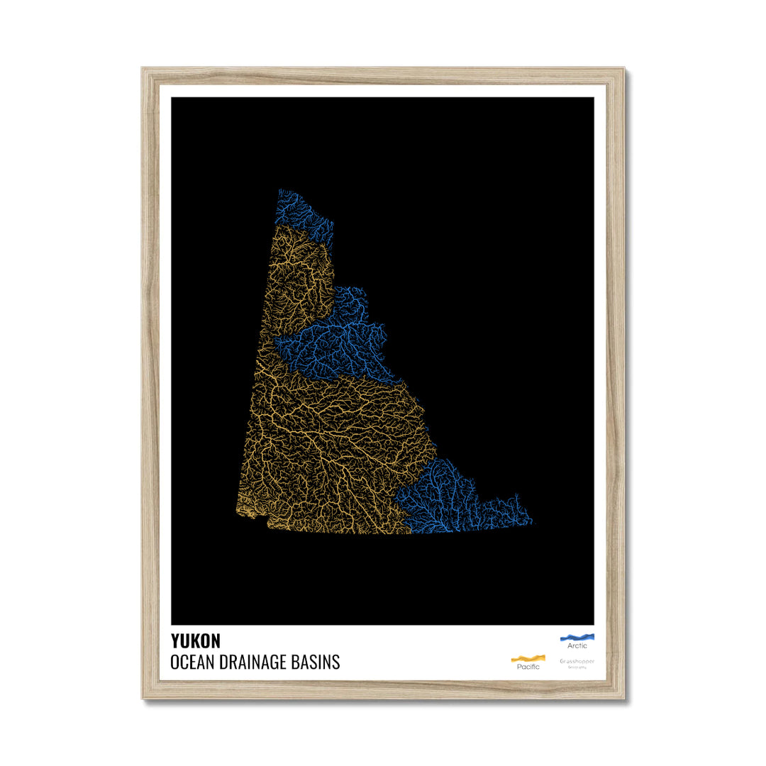 Yukon - Ocean drainage basin map, black with legend v1 - Framed Print