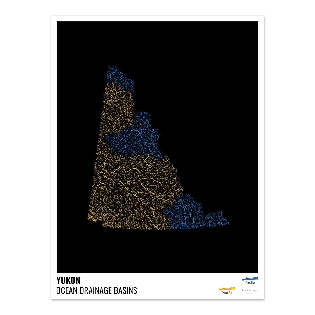 Yukon - Ocean drainage basin map, black with legend v1 - Fine Art Print