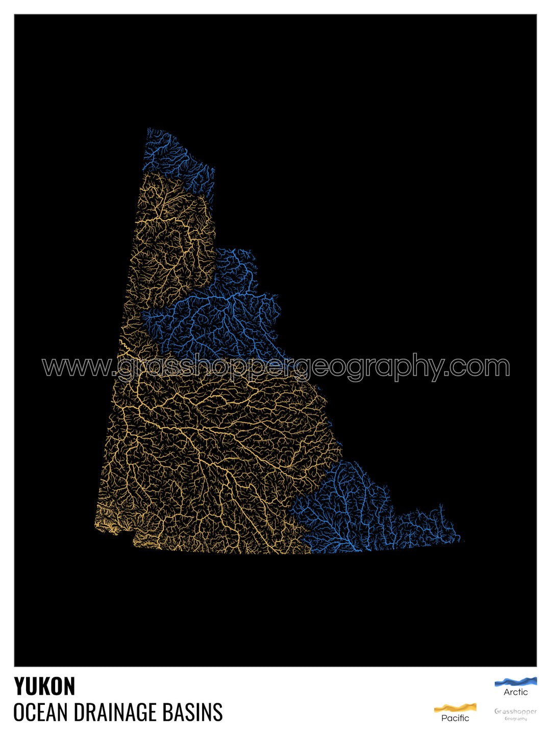 Yukon - Mapa de la cuenca hidrográfica del océano, negro con leyenda v1 - Impresión fotográfica