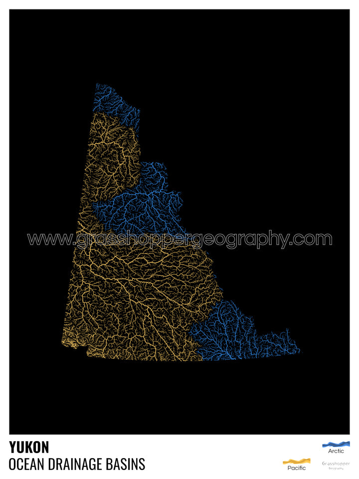 Yukon - Mapa de la cuenca hidrográfica del océano, negro con leyenda v1 - Impresión fotográfica