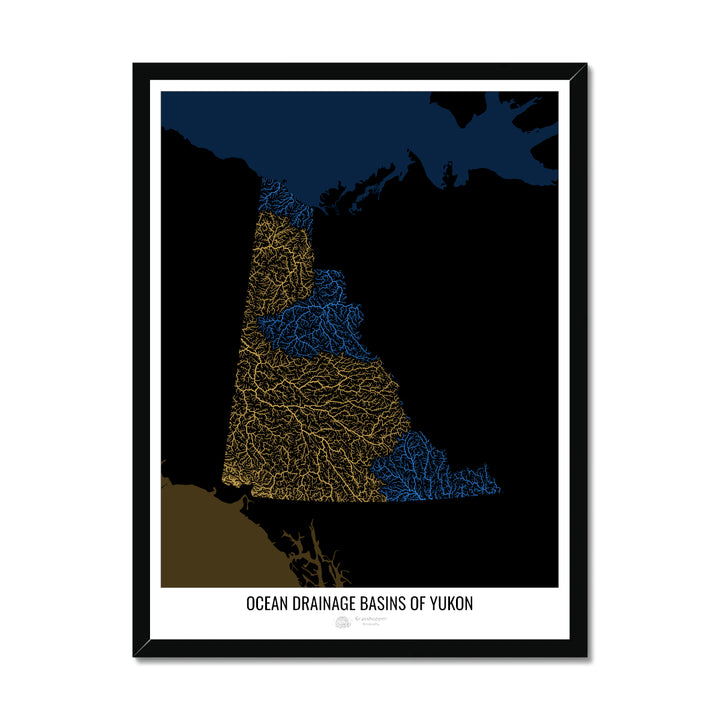 Yukon - Ocean drainage basin map, black v2 - Framed Print