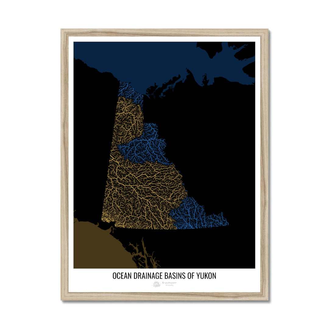 Yukon - Ocean drainage basin map, black v2 - Framed Print