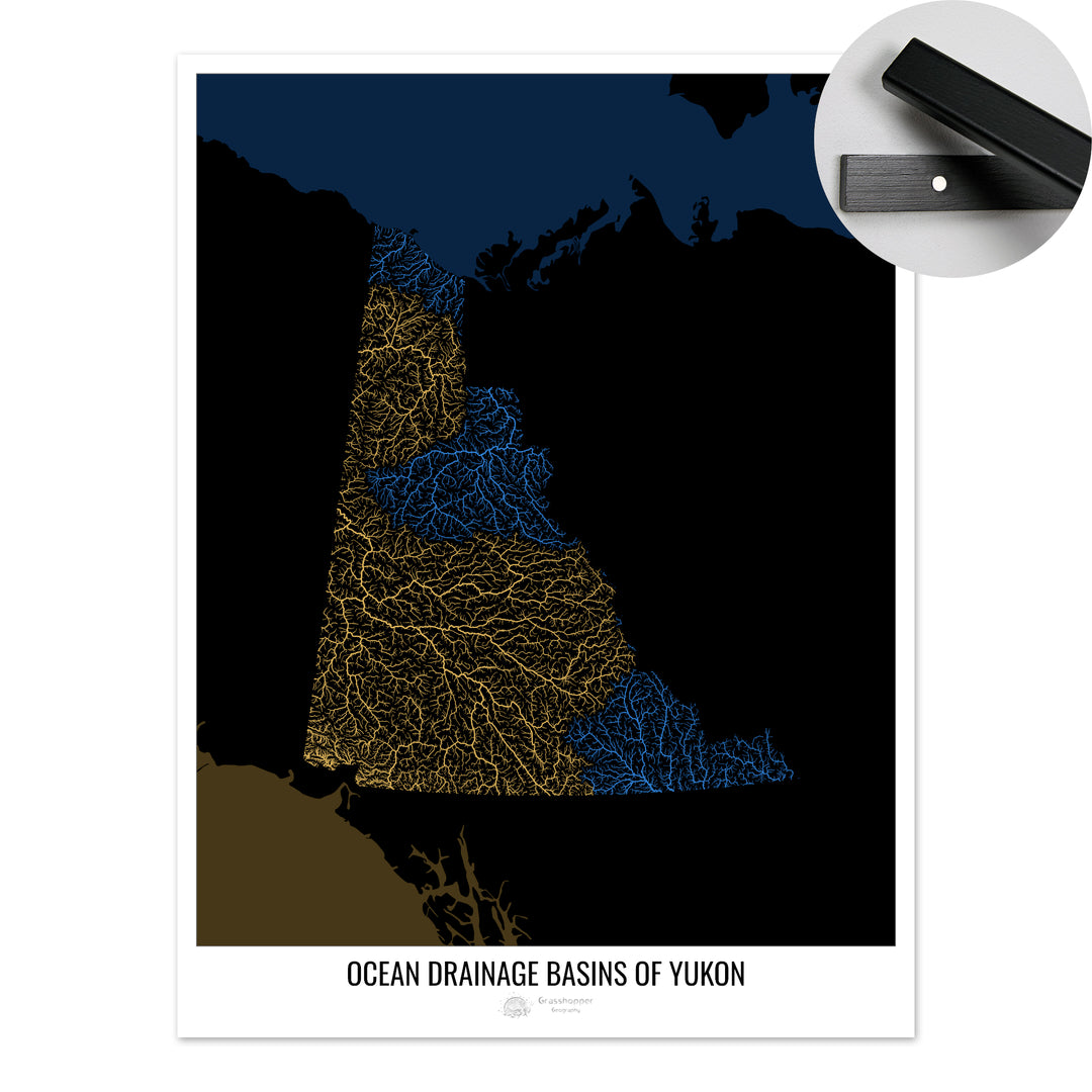 Yukon - Mapa de la cuenca de drenaje del océano, negro v2 - Impresión artística con percha