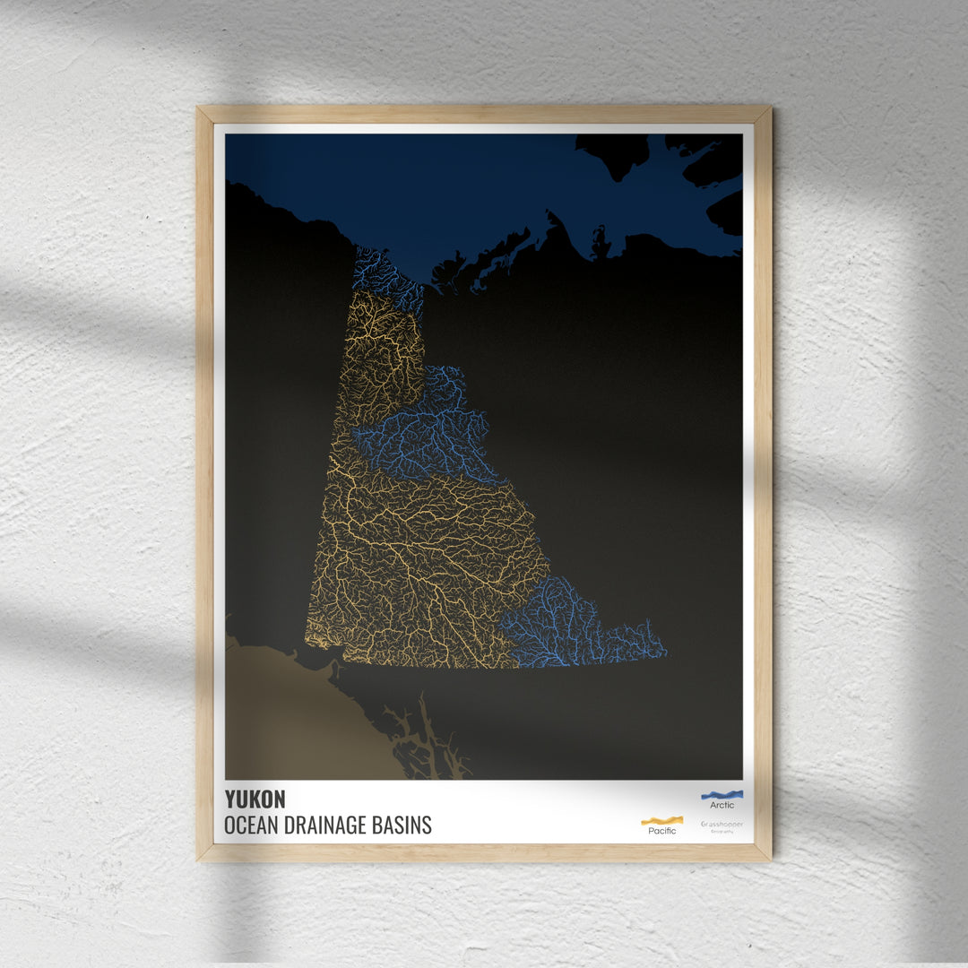 Yukon - Mapa de la cuenca de drenaje oceánico, negro con leyenda v2 - Impresión de bellas artes