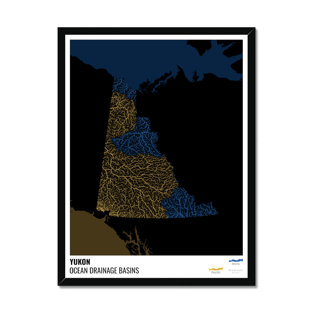 Yukon - Carte du bassin versant océanique, noire avec légende v2 - Impression encadrée