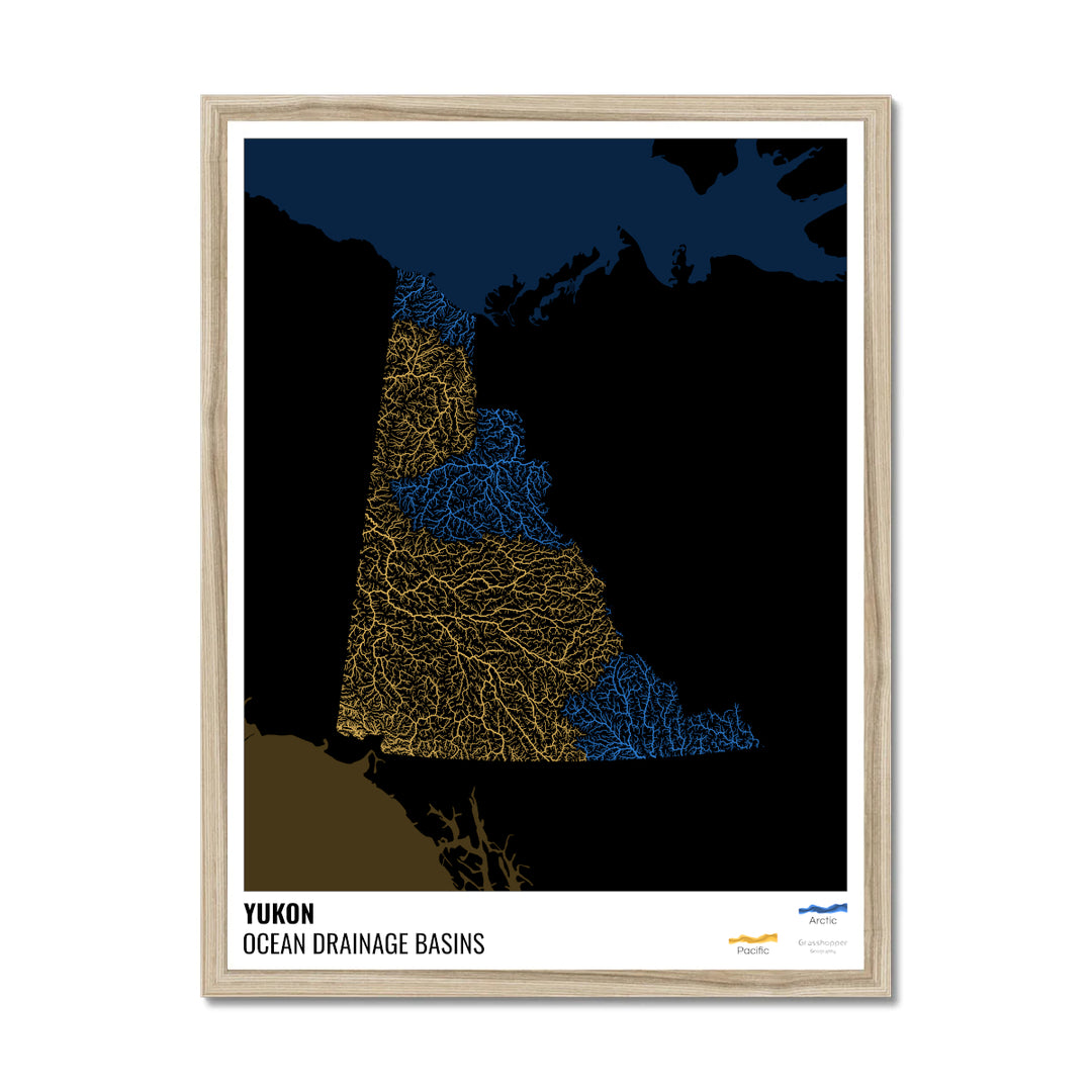 Yukon - Ocean drainage basin map, black with legend v2 - Framed Print