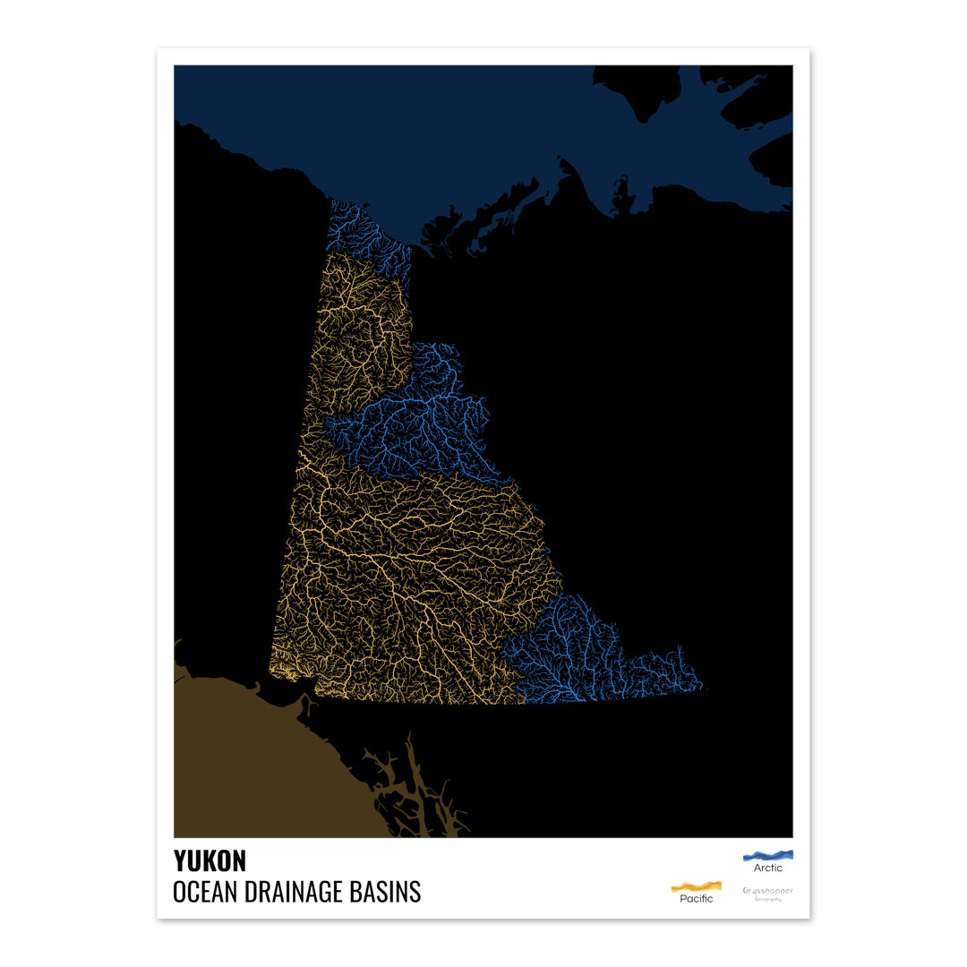 Yukon - Mapa de la cuenca hidrográfica del océano, negro con leyenda v2 - Impresión fotográfica