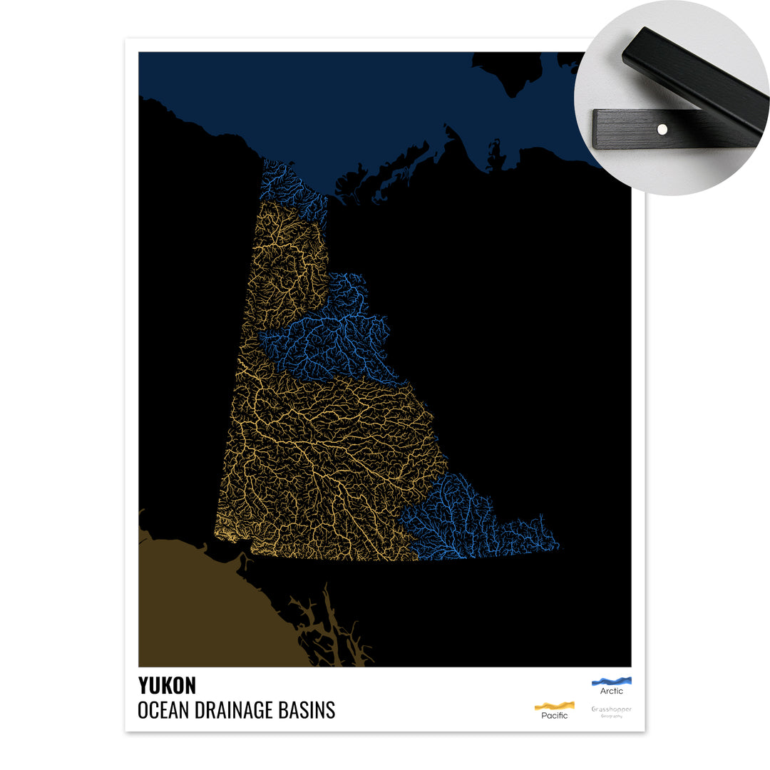 Yukon - Carte du bassin versant océanique, noire avec légende v2 - Tirage d'art avec cintre