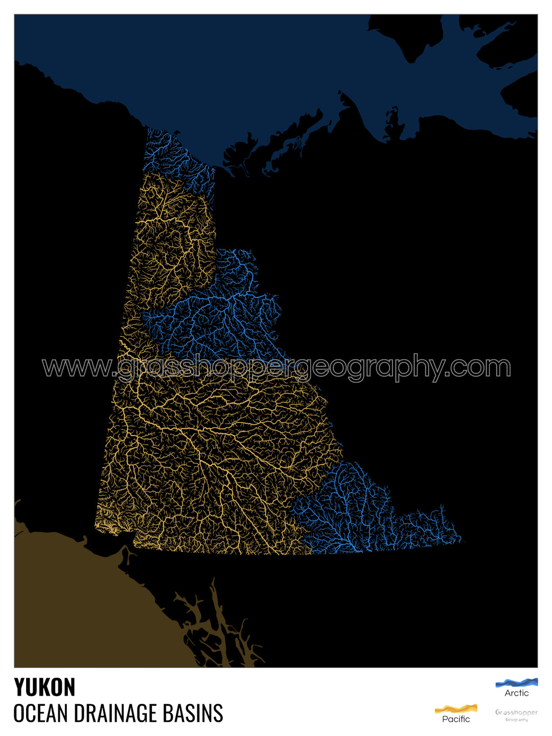 Yukon - Carte du bassin versant océanique, noire avec légende v2 - Fine Art Print