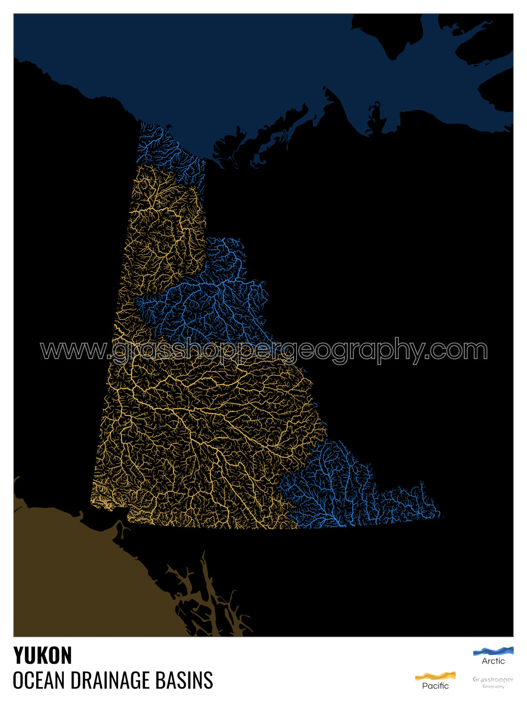 Yukon - Mapa de la cuenca de drenaje oceánico, negro con leyenda v2 - Impresión de bellas artes