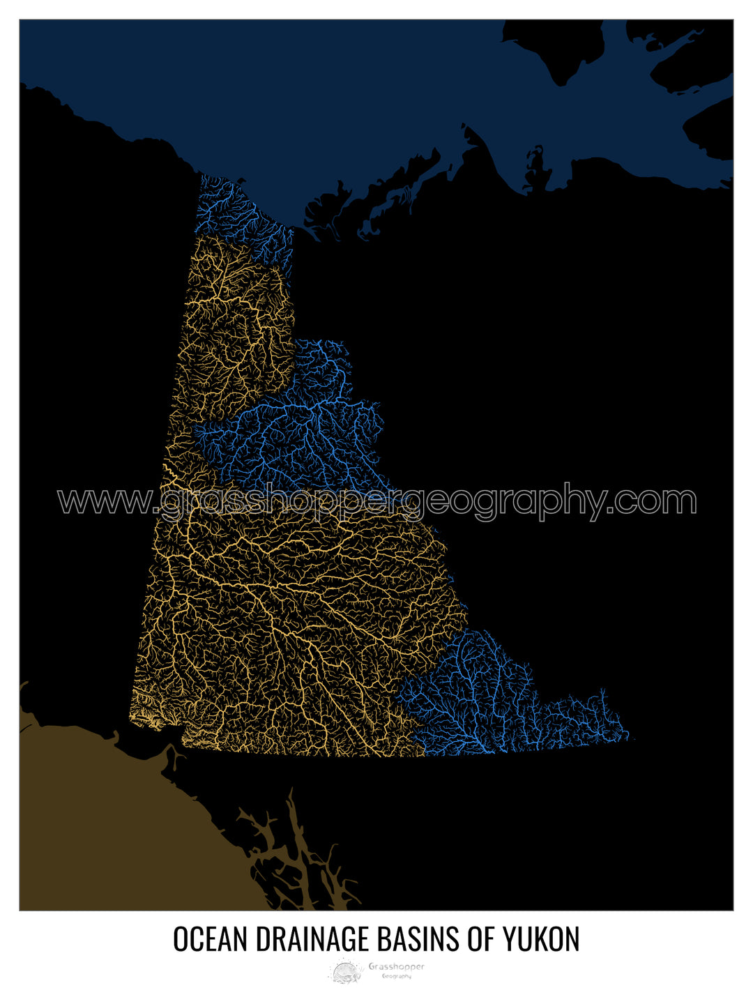 Yukon - Mapa de la cuenca de drenaje del océano, negro v2 - Impresión de bellas artes