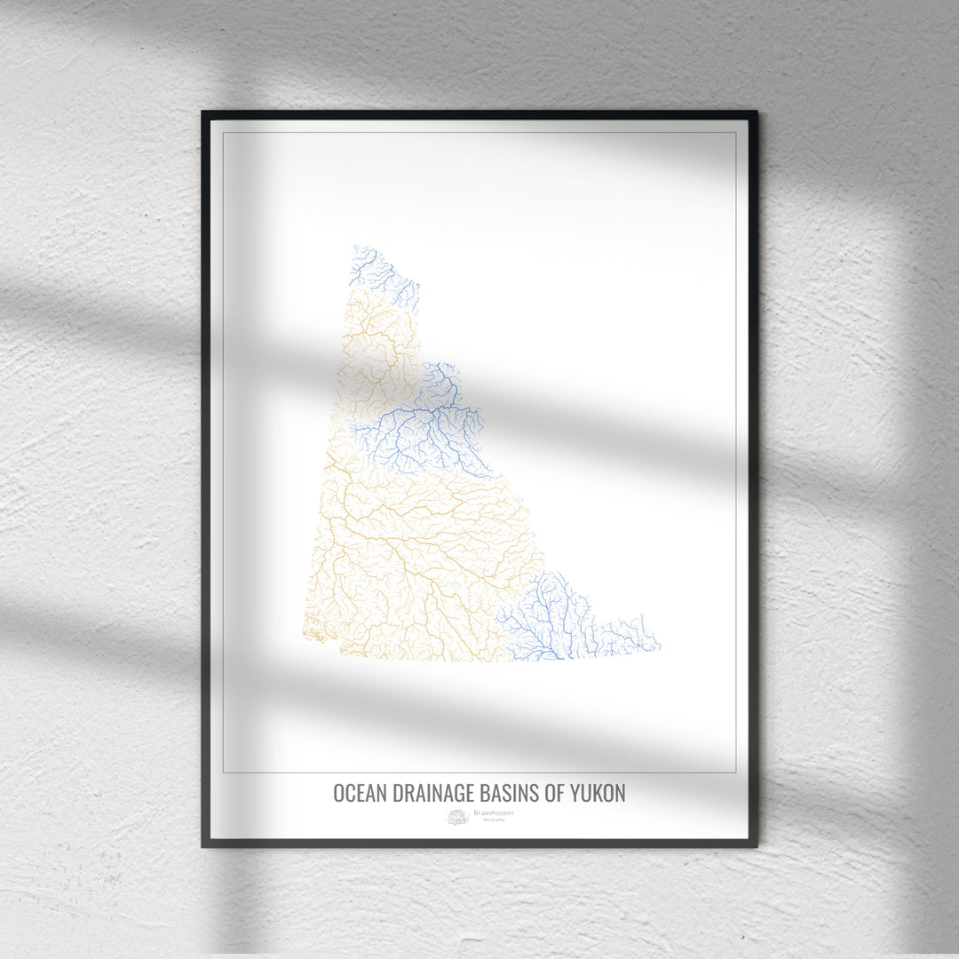 Yukon - Mapa de la cuenca de drenaje oceánico, blanco v1 - Impresión de bellas artes