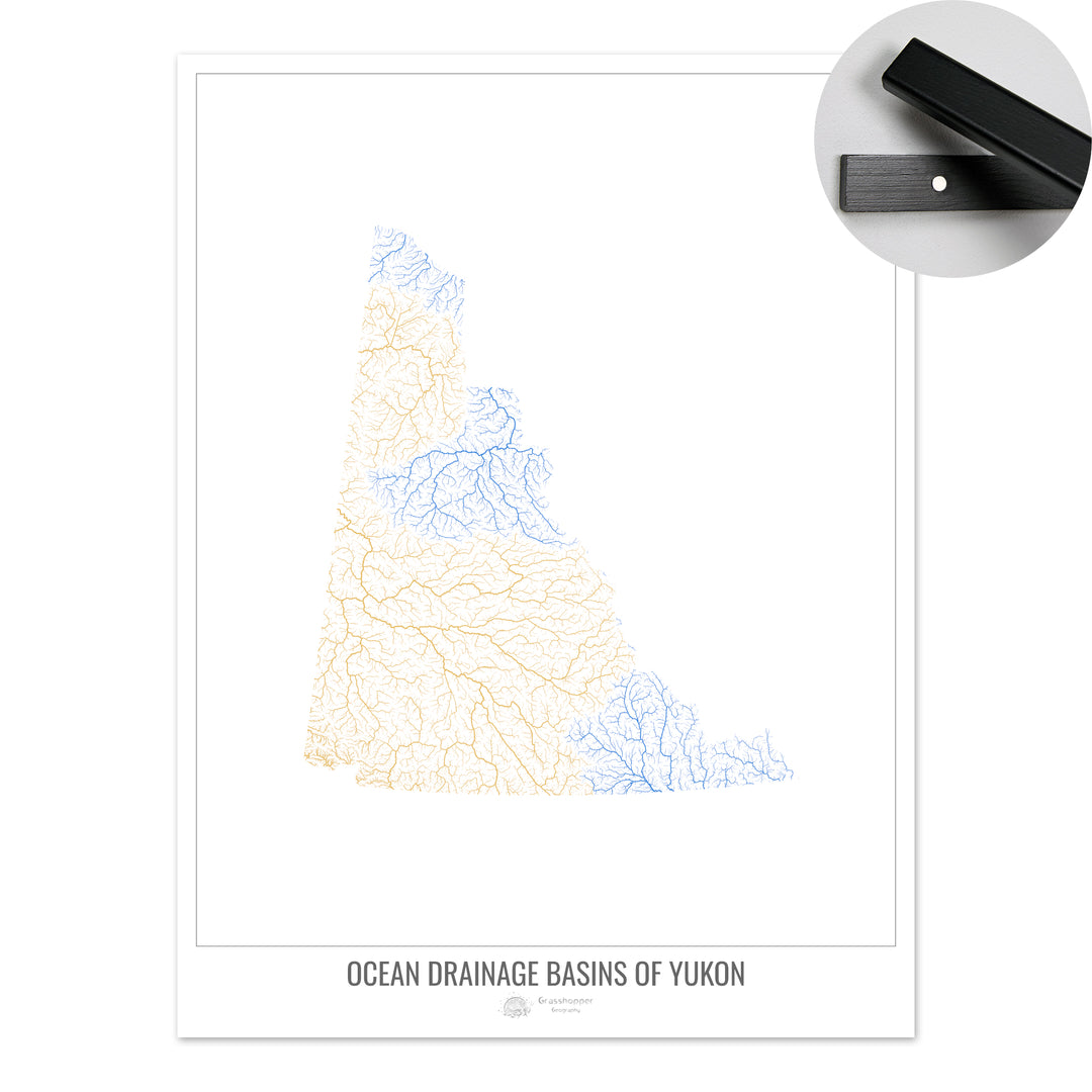 Yukon - Carte du bassin versant océanique, blanc v1 - Tirage d'art avec cintre