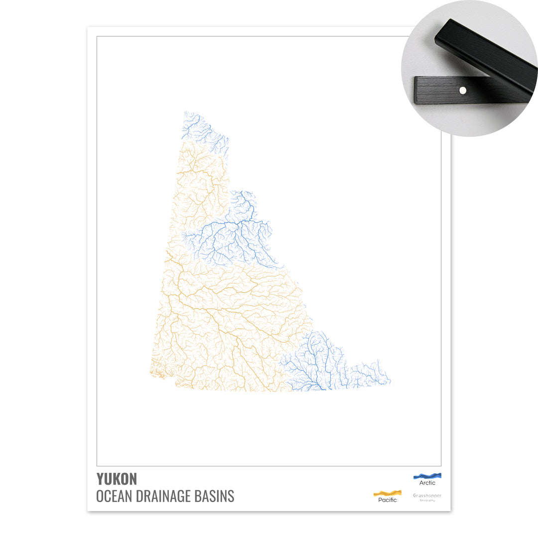 Yukon - Carte du bassin versant océanique, blanche avec légende v1 - Tirage d'art avec cintre