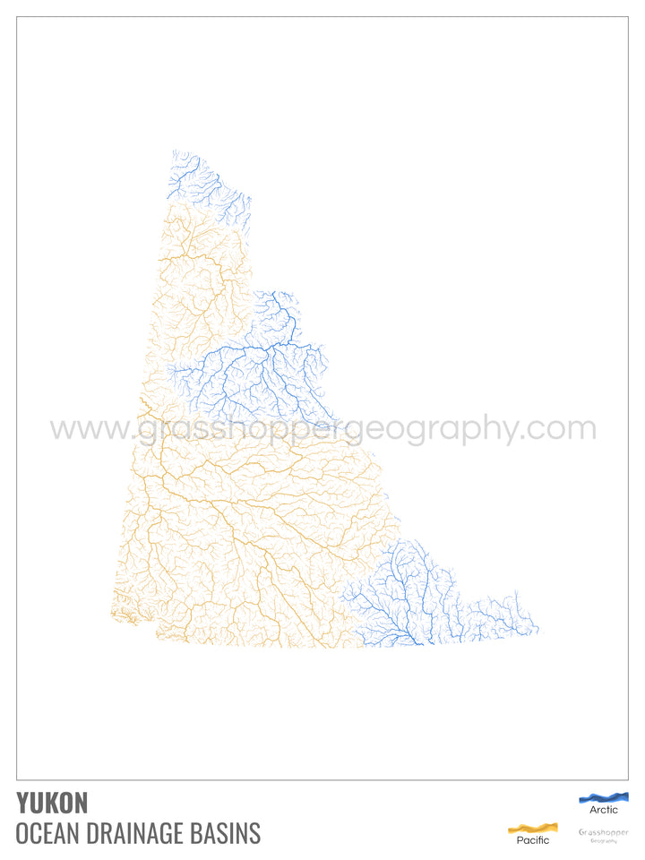 Yukon - Mapa de la cuenca hidrográfica del océano, blanco con leyenda v1 - Impresión fotográfica