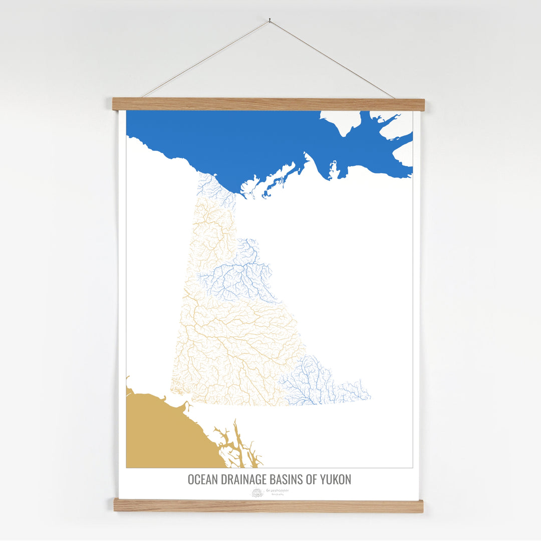 Yukon - Carte du bassin versant océanique, blanc v2 - Tirage d'art avec cintre