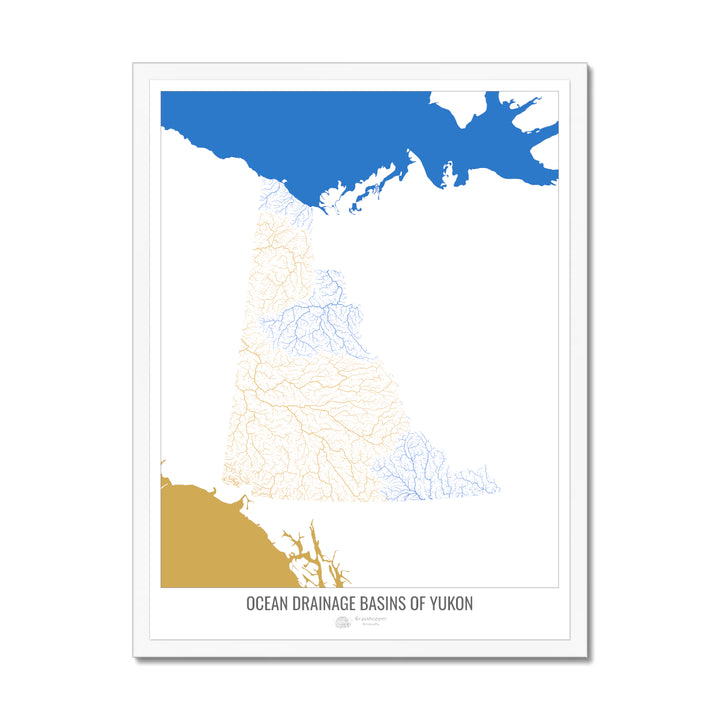 Yukon - Mapa de la cuenca de drenaje oceánico, blanco v2 - Lámina enmarcada