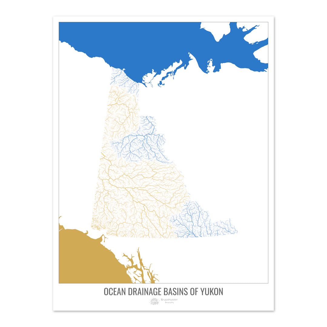 Yukon - Mapa de la cuenca de drenaje del océano, blanco v2 - Impresión de bellas artes