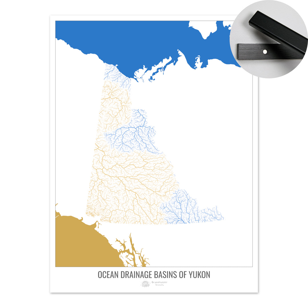 Yukon - Carte du bassin versant océanique, blanc v2 - Tirage d'art avec cintre