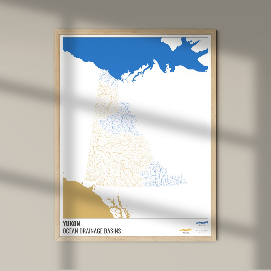 Yukon - Mapa de la cuenca de drenaje del océano, blanco con leyenda v2 - Impresión de bellas artes