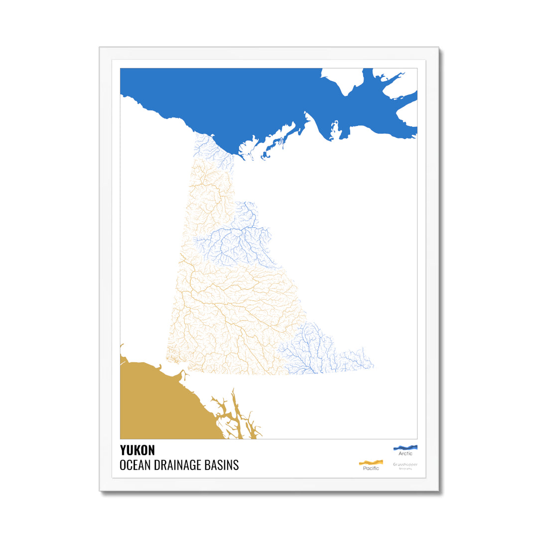 Yukon - Carte du bassin versant océanique, blanche avec légende v2 - Impression encadrée