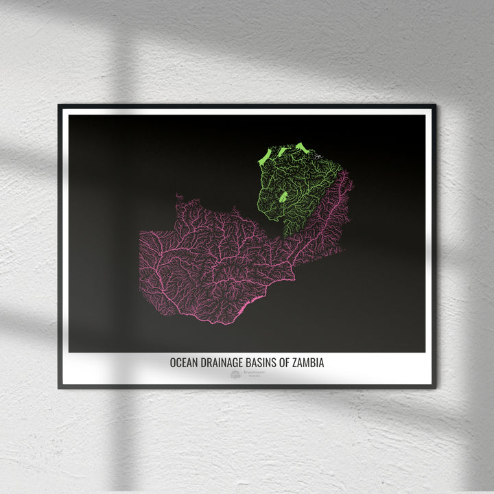 Zambie - Carte des bassins hydrographiques océaniques, noir v1 - Tirage photo artistique